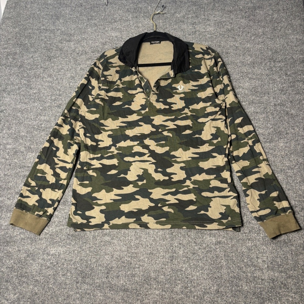 True Religion Men's Large Camo Long Sleeve Henley Rugger Polo Shirt